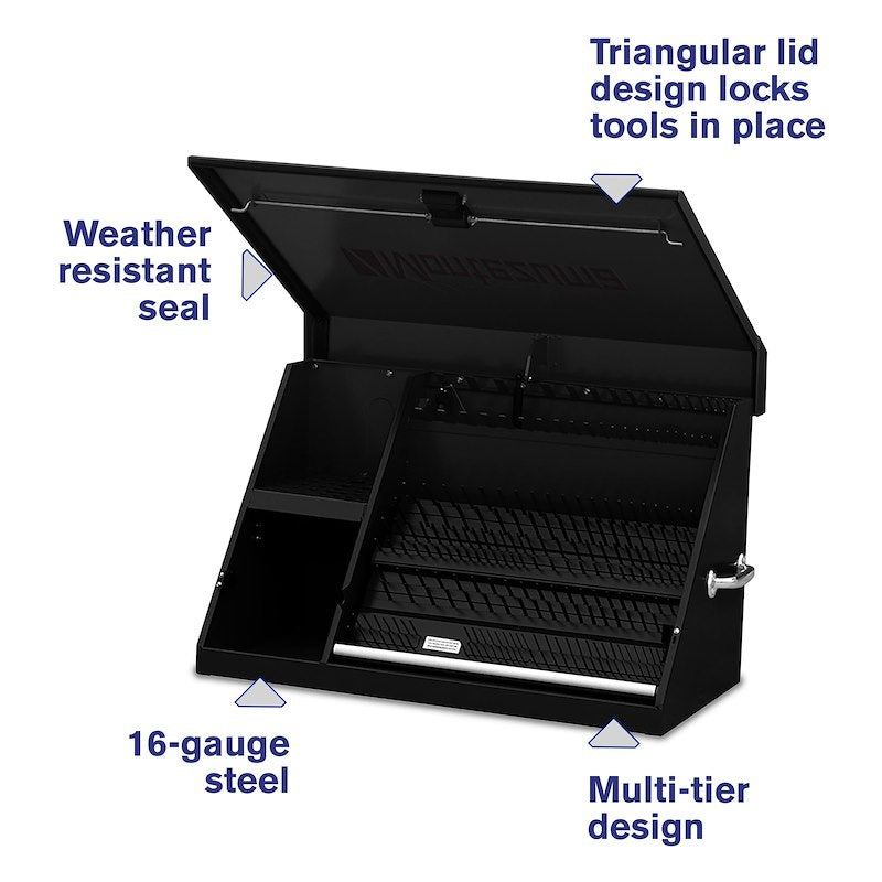 Montezuma Tool Box; TRIANGLE®; Portable; Single Lid; Powder Coated; Black; Steel; 36-3/4 Inch Length x 17-1/2 Inch Width x 21-5/8 Inch Height; Organize More Than 280 Tools